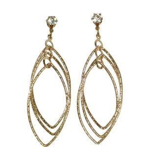Dangle Triple Navette Hoop Gold Rhinestone Stud Earrings Sparkle Glitter Posts